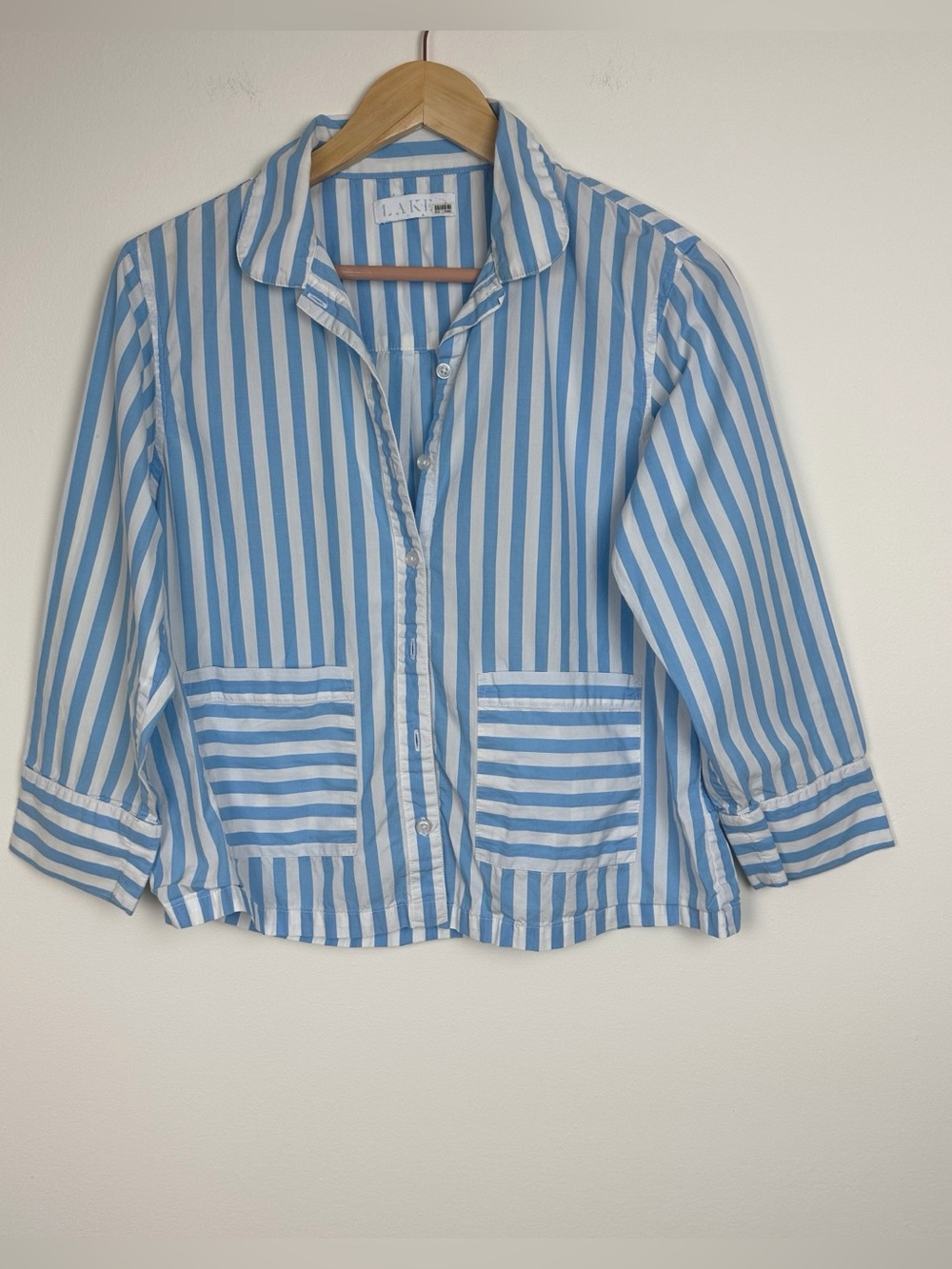 LAKE Pajama Medium Top Button Down Collared Blue White Stripe Pockets Cotton